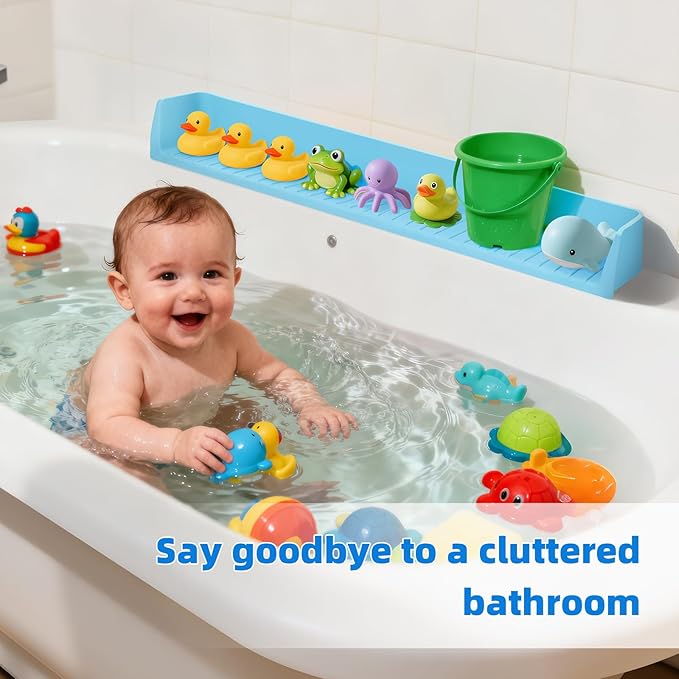 Extended Super Long Kids Bathtub Splash Guard - 32 Inch Food-Grade Silicone, 11 Strong Suction Cups, Toy Tray Caddy & Bath Toy Storage, No Spill Barrier (Blue)