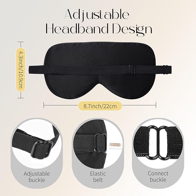 ZIMASILK Adjustable Mulberry Silk Sleep Mask Blindfold 100% Pure Mulberry Silk Eye Mask for Sleep with Bag (Black)