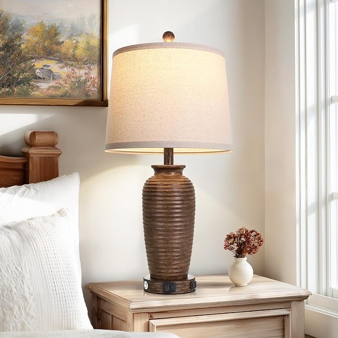 CINSARY 25" Retro Walnut Brown Farmhouse Jar Table Lamps Set of 2, 3 Way Touch Control Rustic Bedside Lamps with USB A+C Ports & AC Outlet, Pot Nightstand Lamps for Bedroom Living Room