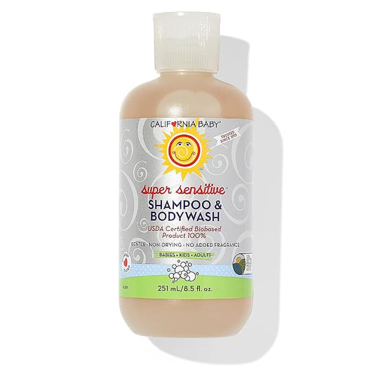 California Baby Super Sensitive Baby Shampoo + Baby Wash | 100% Plant-Based | Unscented Body Wash For Sensitive Skin | Hypoallergenic | 251mL / 8.5 oz