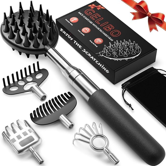 Gelibo Telescoping Large Back Scratcher with 5 Detachable Heads, Gift for Him, Dad, Gifts for Men, Extendable Back Massager Tool with Beautiful Box