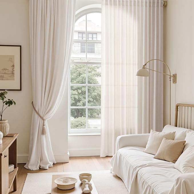 Ivory White Linen Curtains for Living Room 100 Inches Long Light Filtering Semi Sheer Curtain Back Tab Rustic Luxury Neutral Modern Farmhouse Decor Drapes for Bedroom Dinner Room 52x100, 2 Panels
