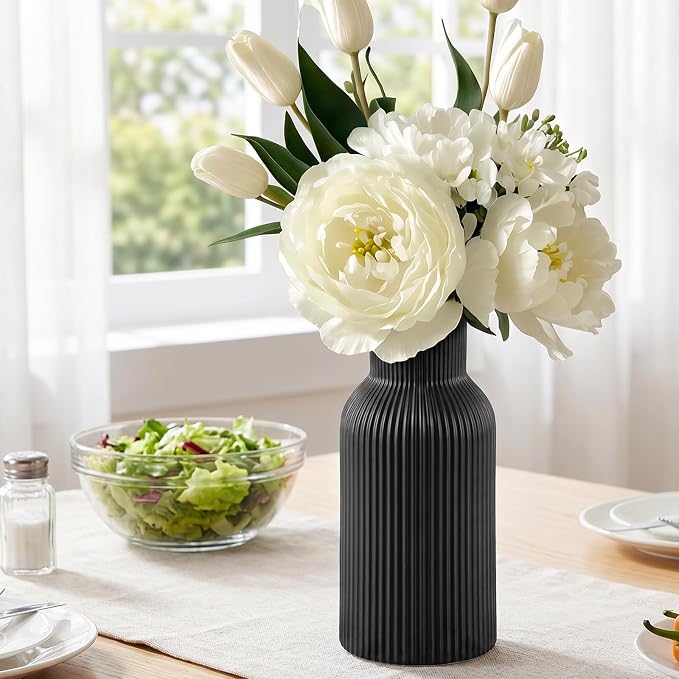 Black Ceramic Tall Vase,Modern Smooth Vertical Ribbed, Nordic Minimalist for Pampas, Dried & Fresh Flowers, Home Decor for Living Room, Coffee Table, Bookshelf, Entryway, Farmhouse