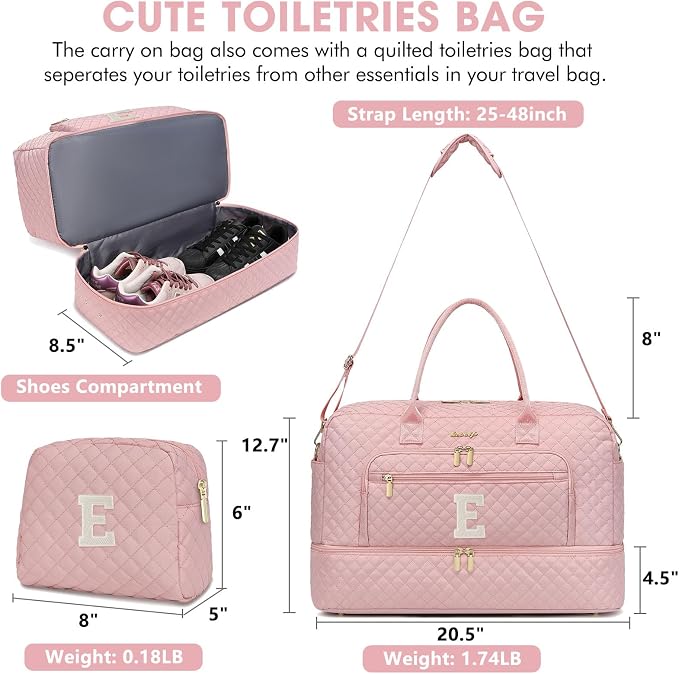 Initial Travel Duffle Bag for Women - Pink Personalized Weekender Bags Overnight Bag with Shoe Compartment & Wet Pocket Weekend Tote Bags with Toiletry Bag Monogram Gifts (Letter E)