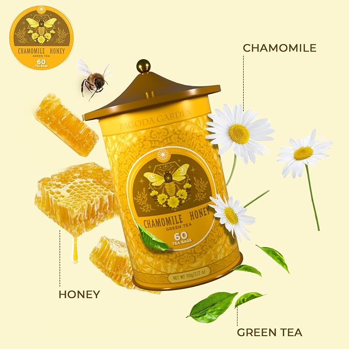 Life Plus Style Gourmet Pagoda Garden Chamomile Honey Green Tea Herbal Green Caffeinated Hot or Iced Natural Sweet Honey 60 Tea Bags