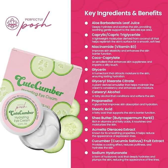 Perfectly Posh - CuteCumber Hydrating Eye Cream - Under Eye Moisturizer with Cucumber, Aloe, and Hyaluronic Acid for Refreshed-Looking Skin - 15ml