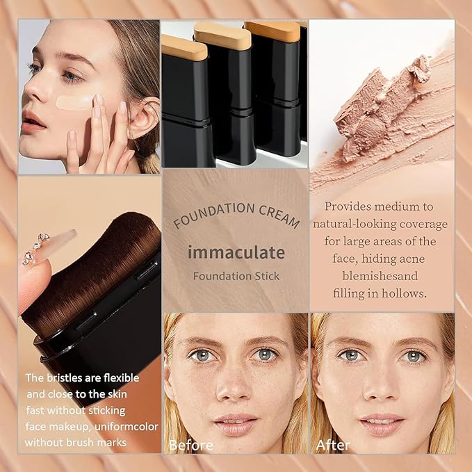 Flawless Face Foundation Stick,2-in-1 Long-Lasting Concealer Foundation Stick with Brush,Multi-Use Creamy Makeup for Dark Circles & Blemishes,Waterproof Thin Contour Sticks for Face Makeup (04#Wheat)