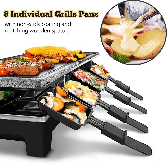 Raclette Table Grill, CUSIMAX Indoor Grill Electric Grill, Black | Portable Korean BBQ with 2 in 1 Reversible Non-stick Plate & Natural Grill Stone, 8 Raclette Pans & 8 Wooden Spatulas, 1500W