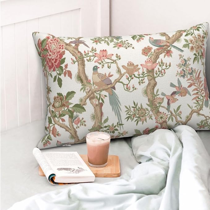 Chinoiserie Pillow Covers 12x20 Set of 2 Pink Green Bird Floral Throw Pillows Vintage Pink Flower Bird Decorative Pillow Cases Outdoor Chinoiserie Decor Farmhouse Cushion Case for Couch Sofa
