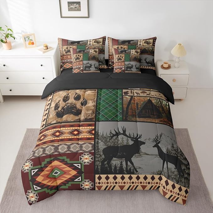 Feelyou Rustic Cabin Bear Deer Comforter Set with Sheets 7 Piece King Size Wild Animal Bedding Set for Kids Boys Girls Hunting Theme Bed in a Bag Western Farmhouse Room Decor Soft Microfiber