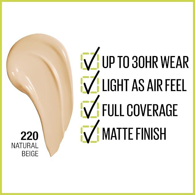 Maybelline Super Stay Full Coverage Liquid Foundation Active Wear Makeup, Up to 30Hr Wear, Transfer, Sweat & Water Resistant, Matte Finish, Natural Beige, 1 Count