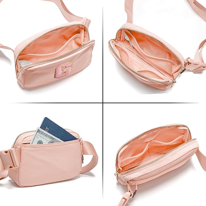 Gitus 6 7 8 9 10 Year Old Girl Gifts Belt Bag Fanny Pack Crossbody Bags with Initial Letter Patch Things for Teen Girls Easter Gifts for Girls Travel Essentials（Coral Pink-G）