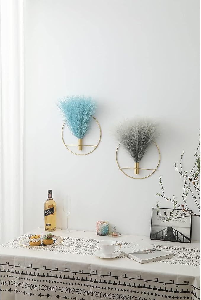 Pretty Jolly Boho Pampas Wall Decor Gold Metal Wall-Mounted Art | Morden Artificial Greenery Display，2 Pack Gray Hanging Planter For Living Room, Bedroom, Bathroom, Dining room