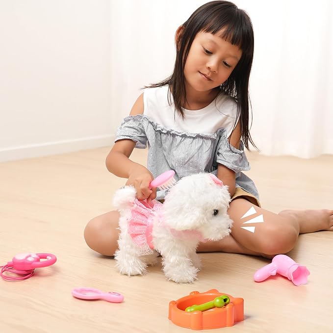 OR OR TU Walking Barking Toy Dog with Remote Control Leash, Plush Puppy Electronic Interactive Toys for Kids, Shake Tail,Pretend Dress Up Realistic Stuffed Animal Dog Age 3 4 5 6+ Years Old Best Gift