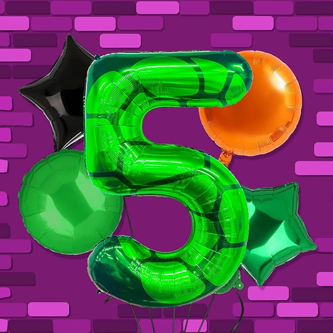 5Pcs Cartoon Turtle Theme Birthday Decorations 40 Inch Number 5 Foil Balloons Super Green Turtle Themed Hero Large Mylar 5th Number Balloon Video Game Pizza Balloons Party Favors Orange