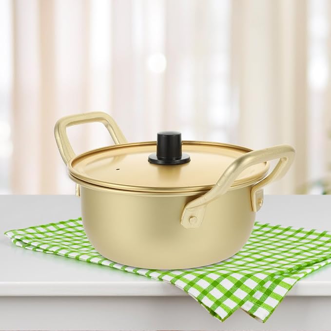 Korean Ramen Pot with Lid 16cm Yellow Aluminum Small Soup Pot Double Handle for Instant Noodles and Kitchen Use