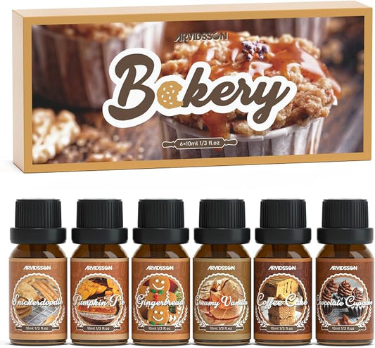 ARVIDSSON Bakery Essential Oils Set, Natural Fragrance Oil for Diffuser, Candle Making - Pumpkin Pie, Snickerdoodle, Gingerbread, Coffee Cake, Creamy Vanilla, Chocolate Cupcake