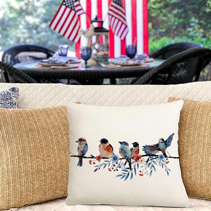 RABUSOFA 4th of July Memorial Day Patriotic Throw Pillow Cover,20x20 Inch Red White and Blue Birds Flowers Independence Day American Fourth of July Decoration for Sofa Couch