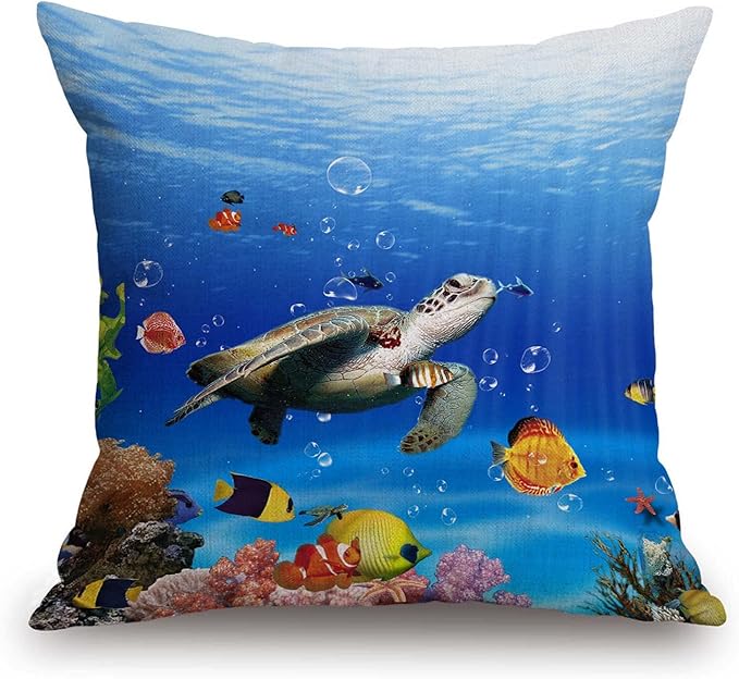 TSSOHU Ocean Underwater Marine Life Outdoor Throw Pillow Cover Sea World Animals Tropical Fish with Turtles Coral Decorative Pillows Farmhouse Cushion Cases Home Decor for Couch 18x18 inch