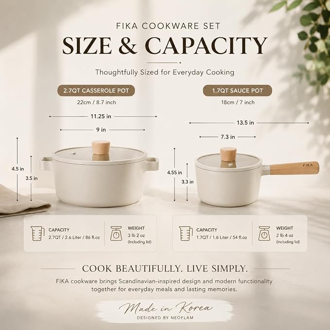 NEOFLAM FIKA 4-Piece Ceramic Coated Nonstick Cookware Set with Glass Lids, 2.7 Qt Casserole Pot & 1.7 Qt Saucepan, Natural Wood Handles, Induction Compatible, Made in Korea