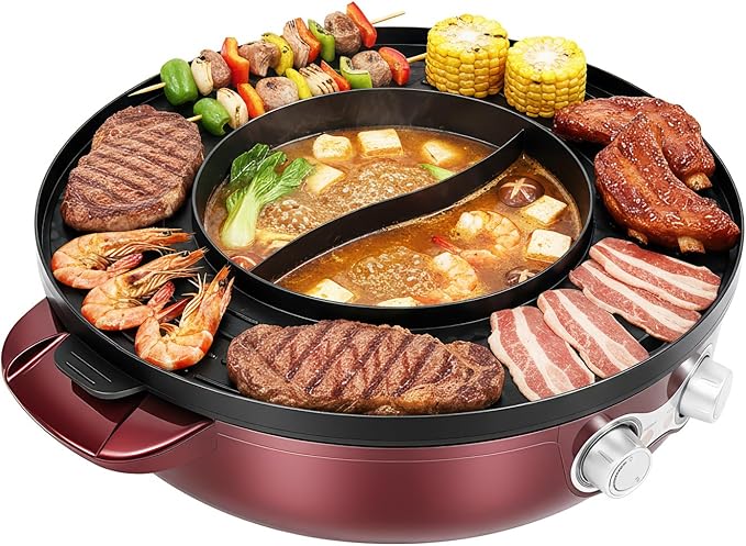 2 in 1 Hot Pot with Grill,2200W 110V Electric Removable Korean BBQ Hotpot Pots,Dual Control Shabu,Multi-Function Smokeless Barbecue Electric Baking Pan,Dual Split Design, for 5 to 15 People