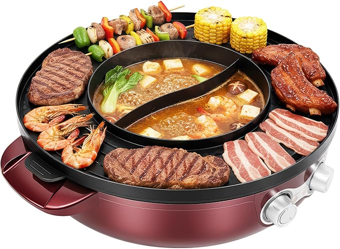 Hot Pot Electric with Grill 2 in 1, 110V 2200W Indoor Korean BBQ Grill Smokeless Grill and Hotpot Pot Combo Easy-clean Non-stick Coating Dual Controls for Family Gatherings or Friends Parties