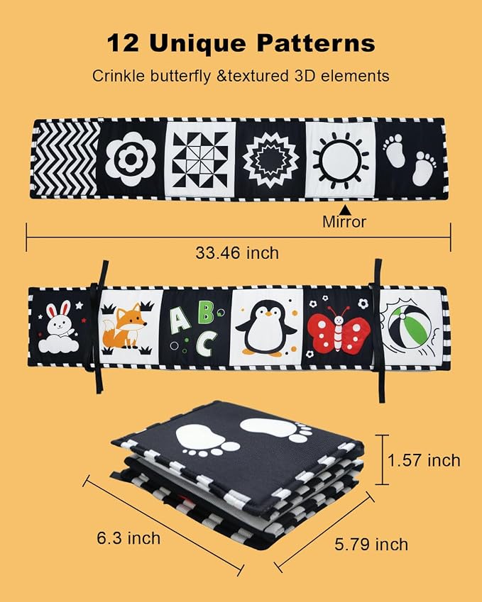 Aila+Aiden Baby Toys, Tummy Time High Contrast Newborn Toys 0-3 Months, Soft Cloth Foldable Baby Book, Visual Stimulation Montessori Sensory Infant Baby Book (Black White and Colorful)