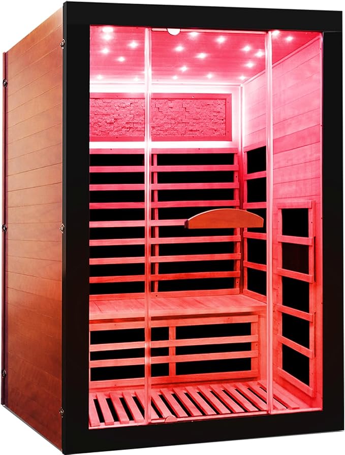 2 Person Far Infrared Home Sauna Low EMF 2000W 110V Wooden Indoor Dry Sauna with Red Light Bluetooth Speakers 47.24"x41.34"x74.8"