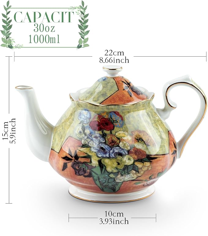 Teapot 30 oz Vangogh Paintings Bone China Loose Tea Pot Floral Design Vintage Ceramic Coffee Water Pot European Style Porcelain (Flower Vase)