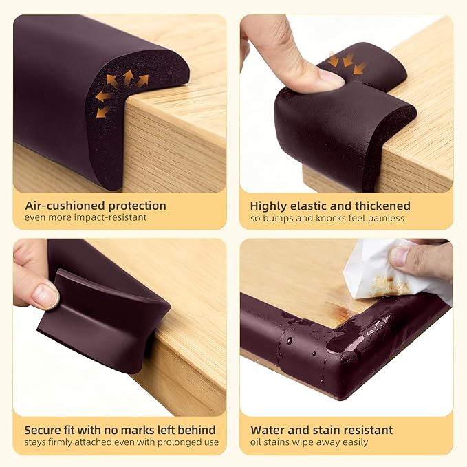 Corner Protector Baby, Baby Proofing Edge Corner Protector, Waterproof Soft Foam Cushion with Adhesive Tape (6.6ft Edge + 4 Corners),Wall Corner Protector for Fireplace, Table, Stair, Cabinet(Brown)