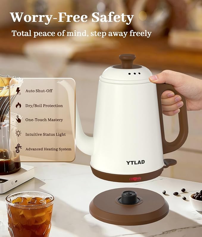 Gooseneck Electric Kettle 1L, 1000W Fast Boiling for Pour-Over Coffee & Tea, 304 Stainless Steel BPA-Free, Precise Flow Spout, Auto Shut-Off & Boil-Dry Protection, Retro Style (White)