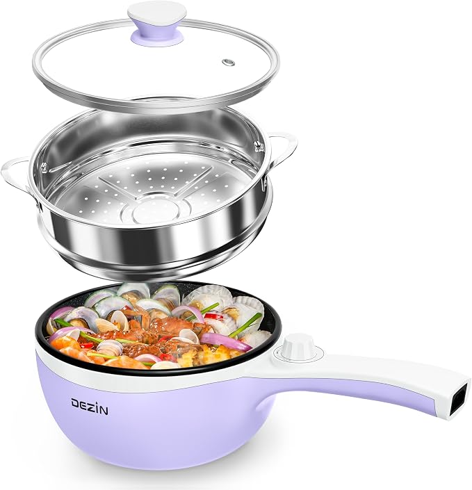 Dezin Hot Pot Electric with Steamer, 1.5L Non-Stick Portable Electric Pot | Dual Power, Upgraded 700W Electric Pot for Cooking Steak, Egg, Ramen Cooker for Dorm, RV, Office, Easy to Clean, Purple Pan