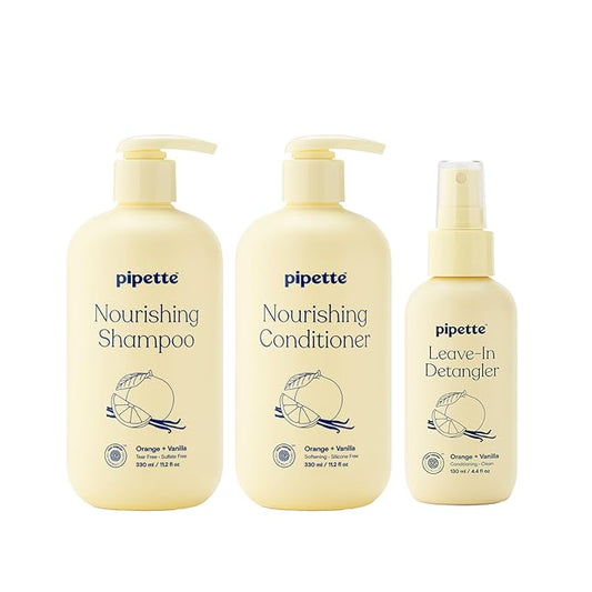 Pipette Kids Daily Haircare Trio, Pack of 3, Includes Leave-In Detangler, Gentle Tear-Free Nourishing Kids and Toddler Shampoo and Conditioner, Non-Toxic, Hypoallergenic, Orange and Vanilla Scent