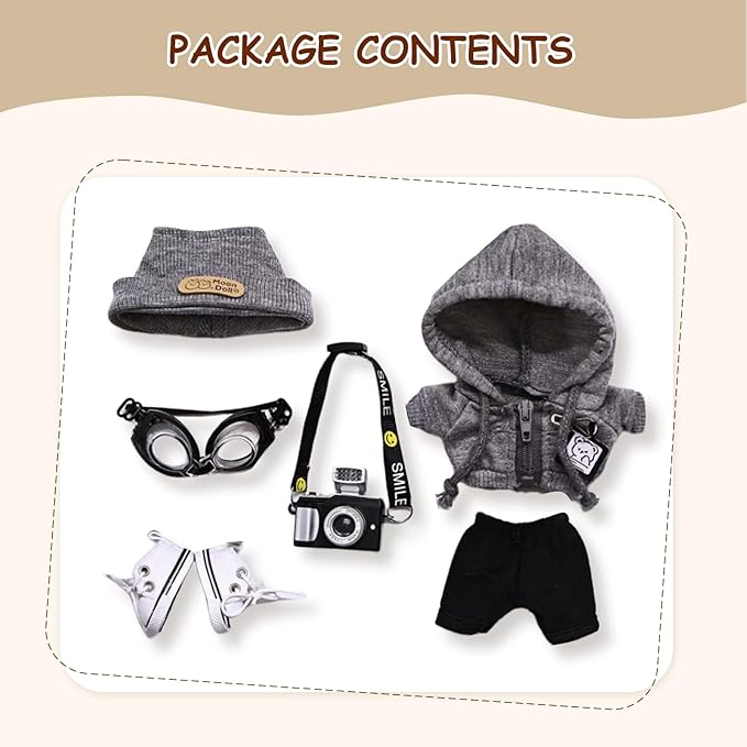 17cm Doll Clothes Set (6-Pcs Outfit), Stylish Clothing for Bunny Doll with Top, Pants, Shoes & Accessories, Just Clothes