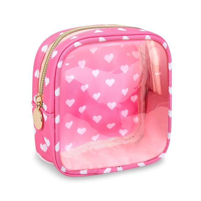 UIXIZQ Clear Mini Makeup Bag for Purse, Small Nylon&PVC Cosmetic Travel Bag TSA Approved Toiletry Bag with Zipper, Preppy Transparent Makeup Travel Bag Coin Purse for Women Men Girls(Mini-Pink Heart)