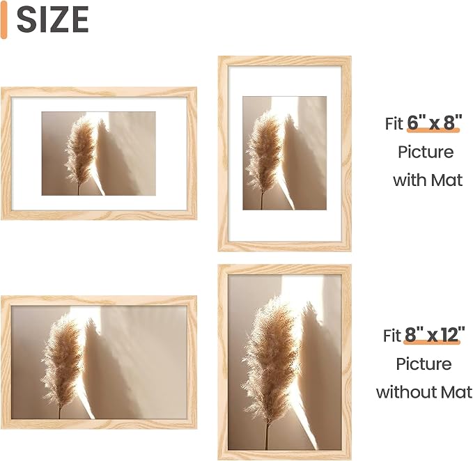 upsimples 8x12 Picture Frame, Display Pictures 6x8 with Mat or 8 x 12 Without, Wall Hanging Photo Frames, Natural Style, 1 Pack