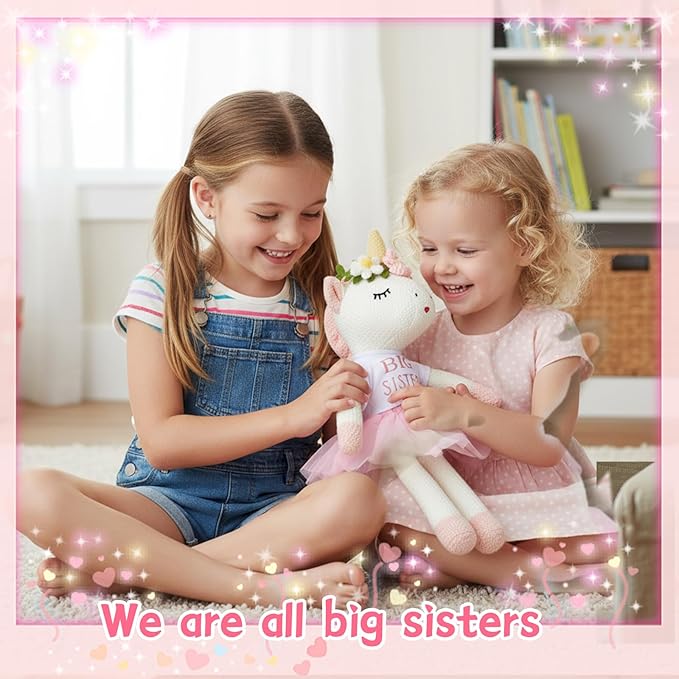 2 Pcs Big Sister Little Sister Gift for Girls 17 Inches Unicorn Stuffed Plush Doll Short Sleeve Outfits Short Sleeve T-Shirt Top and Pink Tutu Skirt Clothing Set Gifts for Toddler Kid Baby