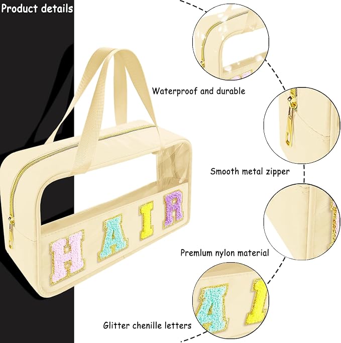 Bunliuys Chenille Letter Clear Makeup Bag Hair Patch, Travel Toiletry Makeup Bag with Handle, Nylon Waterproof Makeup Bags clear cosmetic bag, preppy patch makeup bag for Women (HAIR-Beige)