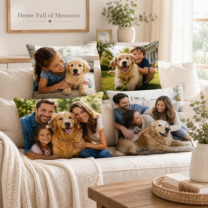 Bemaystar Custom Pillow Set of 4, Personalized Photo Pillow Covers with Picture Text, Made in USA, Custom Gifts for Family Pet Couple, Decorative Throw Pillow Gifts for Birthday Christmas (No Insert)