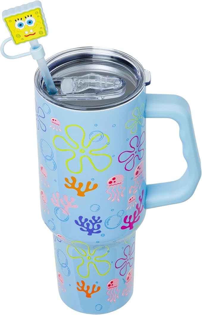 Silver Buffalo Spongebob Squarepants Jellyfishing in Bikini Bottom Double Walled Stainless Steel Tumbler with Handle, Straw, and Straw Cap, Fits in Standard Cup Holder, 40 Ounces