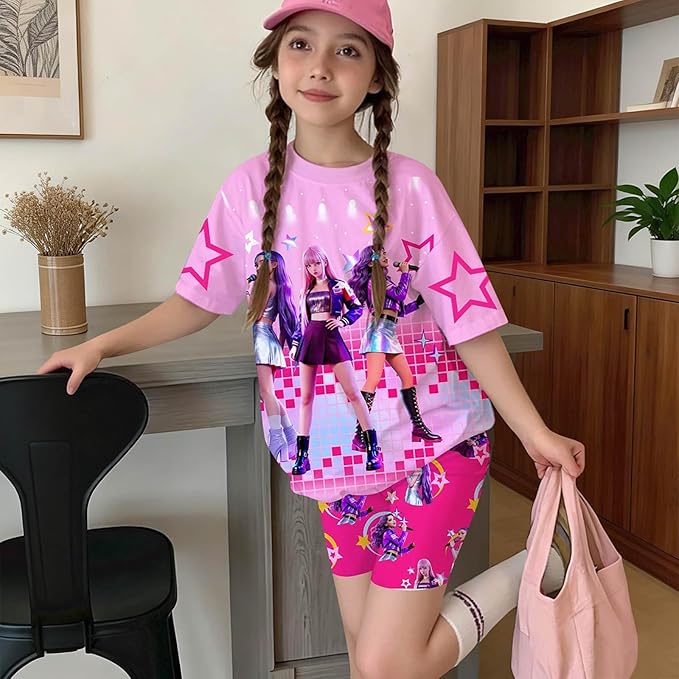 K-POP DEM0N Hunters Outfits for Girls, 2 Piece T-Shirts and Apparel Sets Birthday Gift