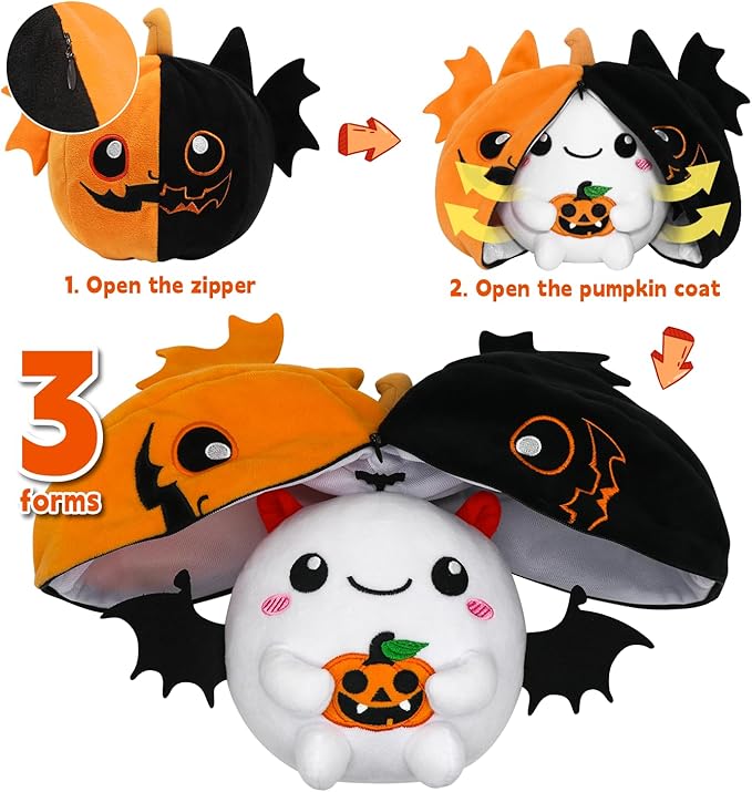 Halloween Stuffed Animal Reversible Bat Ghost Plush, Transformed Pumpkin Plush Zipper, Bat Ghost Stuffed Animal Cute Plushie Birthday Gift for Boys Girls Kids