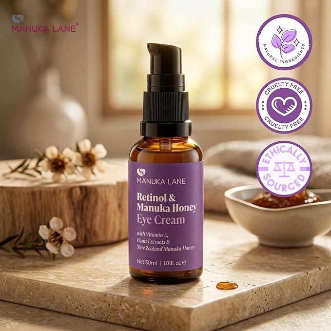 Retinol Manuka Honey Eye Cream with Retinyl Palmitate, Vitamin A, Kiwi Fruit Extract & Coenzyme Q10 | Sweet Almond Oil | Carefully formulated to keep your eyes bright and healthy!