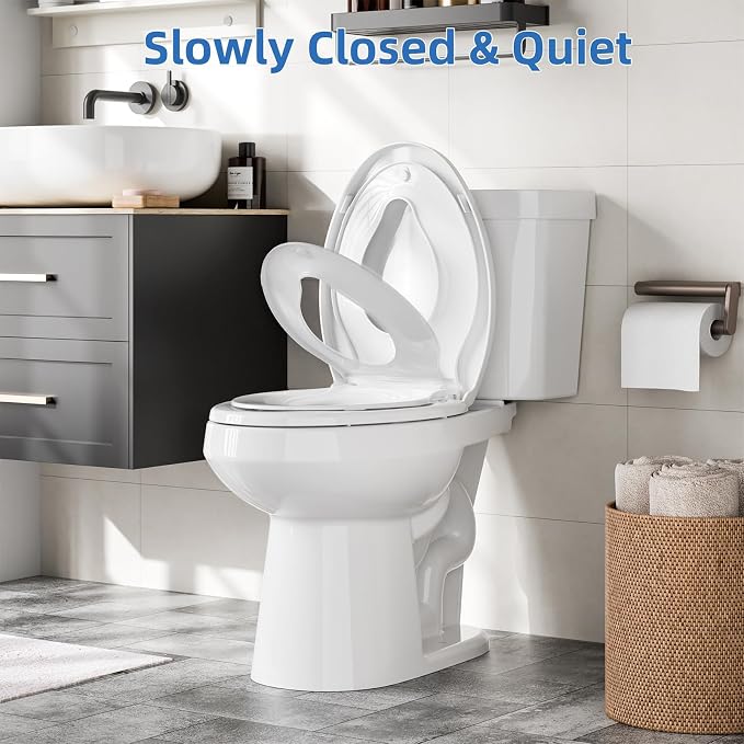 Elongated Toilet Seat, Toilet Lid Slow Close Quiet No Thud, Magnets Down Lock Quick Release Full Flat Potty Training Toilet Seat with Child Toddler Seat White, 19" Bunk Cover