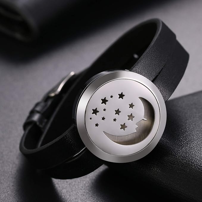 Essential Aromatherapy Oil Diffuser Locket Hollow Celtic Charm Leather Wrap Bracelet with 6 Color Pads,Size Adjustable,Black | Stainless Steel + Leather Design, Daily/Party/Gift, Hypoallergenic & Durable, Adjustable Fit
