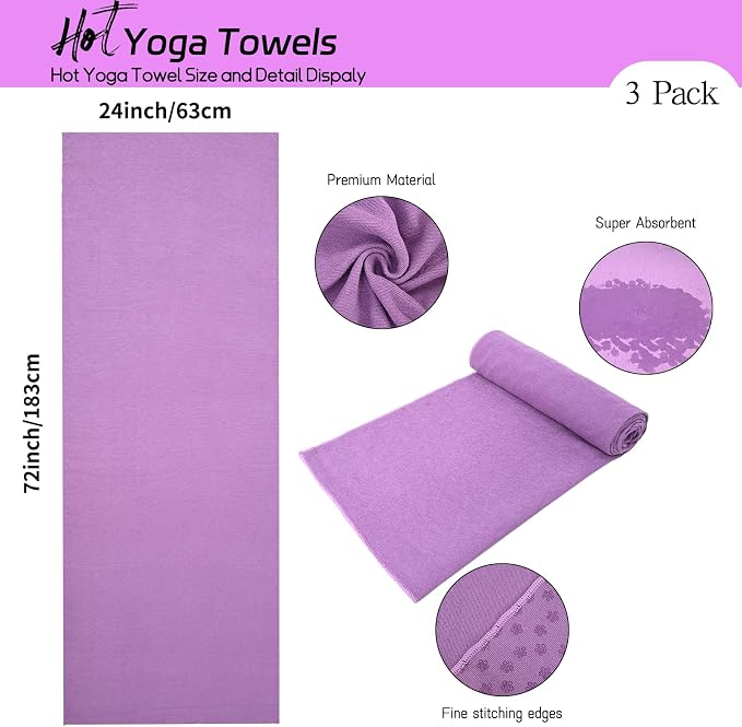 3 Pack Hot Yoga Towels with Plum Blossom Grip Dots, Non Slip Yoga Mat Towel, Super Absorbent Soft Suede Microfiber Mat Cover for Hot Yoga, Pilates, Bikram & Workout, 24" x 72", Lavender