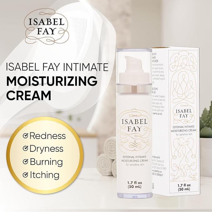 Isabel Fay Anti-itch Vaginal Moisturizer for sensitive skin. Non irritating. No hormones. Prevents and relieves dryness itching, pinching and burning.