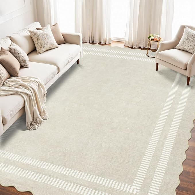 Scalloped Washable 9x12 Area Rugs for Living Room, Ivory Ultra-Thin Bedroom Rug Non-Slip Dining Room Rugs, Soft Indoor Low Pile Carpet for Nursery Kids Room Office