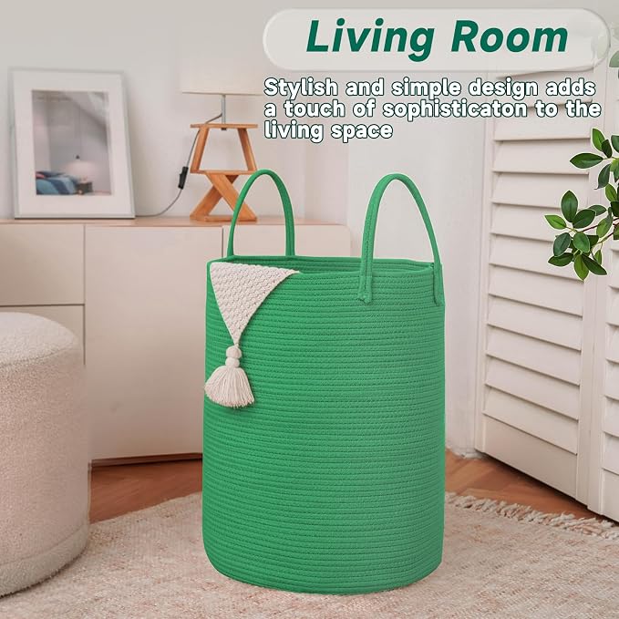 JMvicyroam 80L Cotton Rope Laundry Basket Hamper, Dark Green | Collapsible laundry basket, reinforced handles, freestanding, machine washable, holds 3-5 thick blankets, clothes or toys