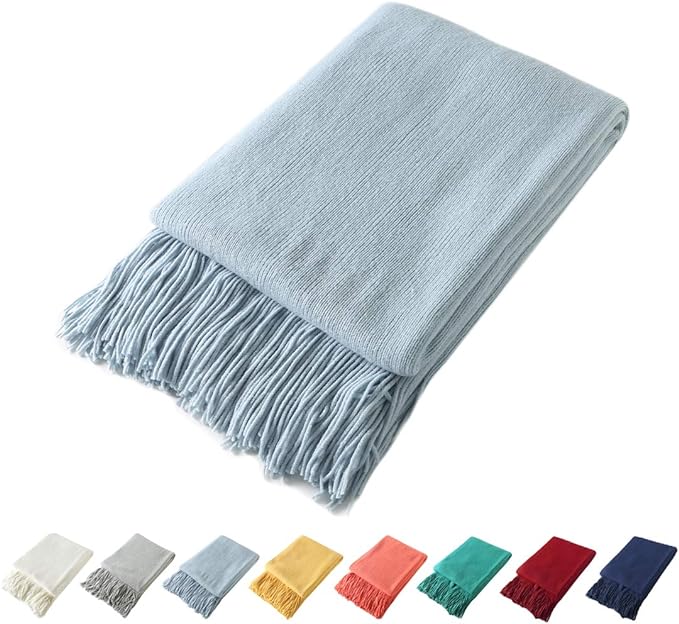Homiest Pale Blue Knitted Throw Blanket with Fringe, 50x60 Inch | Pure Acrylic, Lightweight & Breathable, All-Season Use, Machine Washable, Wrinkle & Fade Resistant, for Couch Sofa And Bed